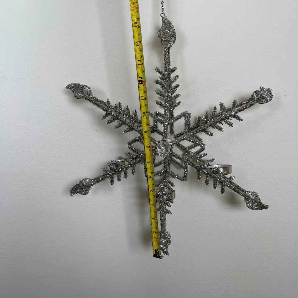 Beaded Silver Snowflake‎ Candelabra Tealight Holder Hanging Christmas Winter